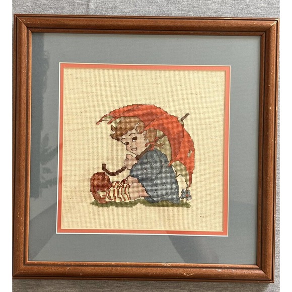 Completed Hummel Counted‎ Cross Stitch Framed Picture Double Matted glass 14x14 - Picture 1 of 8